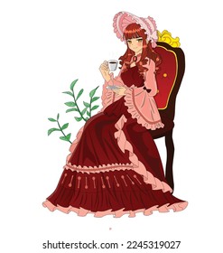 classic and royalty anime girl sitting and drinking tea