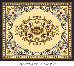 classic rug design featuring intricate floral patterns, swirling vines, and a central medallion. Rich colors of gold, cream, purple, and blue make this elegant vector ideal for traditional decor.