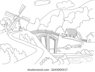 Classic Rural Landscape Scene with Windmill, Stone Bridge, Houses, and River, a Detailed Black and White Line Art Illustration Perfect for Coloring Pages and Design Projects