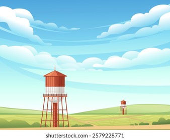 Classic rural water tower with a red top and wooden legs. Surrounded by open grassy fields. Cylindrical storage tank elevated by sturdy beams. Vector illustration with rural landscape background