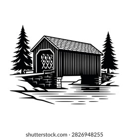 A classic rustic covered bridge spanning a river, set within a dense pine forest. This detailed black and white design captures a serene and nostalgic atmosphere.