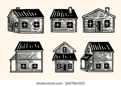 Clássico casa rústica ou cabine casa estilo vintage - 6 conjunto Ilustrações vetor