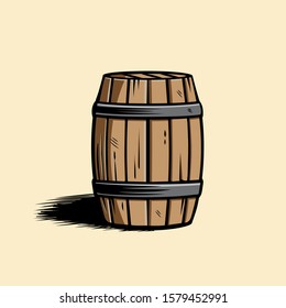 A classic and rustic vector illustration of a traditional wooden barrel. The design features a light-brown oak cask with horizontal iron bands, casting a soft shadow on a clean, cream-colored background. This professional graphic is perfect for brewery logos, wine cellar branding, whiskey distillery labels, tavern signage, and rustic interior decor themes.