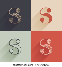 Classic S letter logo with premium decoration. Four style serif font set. Vector icon perfect to use in any alcohol labels, glamour posters, luxury identity, etc.