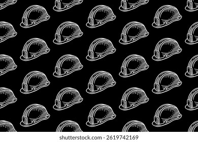classic safety helmet doodle seamless pattern on black background for miner, explorer, adventure mining helmet engraving pattern background. retro mine helmet protection hatched illustration wallpaper