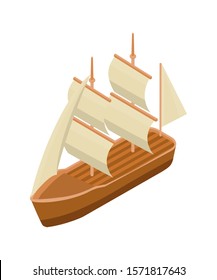 Classic sailing ship isometric vector illustration. Old wooden marine vessel clip art isolated on white background. Sea rover color 3D drawing. Pirate ship icon. Adventure and sea voyage