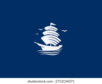 Classic sailing ship logo design navigating ocean waves, with seagulls soaring overhead.