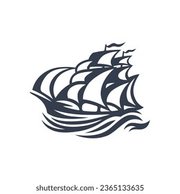 Classic sailing ship logo. Vintage wooden sailboat ocean icon. Nautical voyage emblem. Galleon ship mast symbol. Vector illustration.