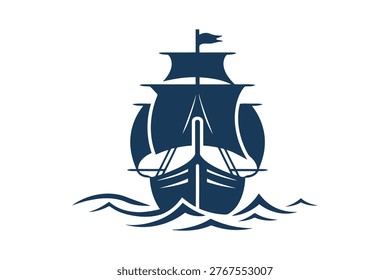 Classic sailing ship navigating ocean waves, front view. isolated on transparent background. historic maritime vessel.