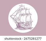 Classic sailing ship vector art. Old vintage boat with sails on ocean waves. Nautical hand-drawn illustration for logo, poster, or branding.
