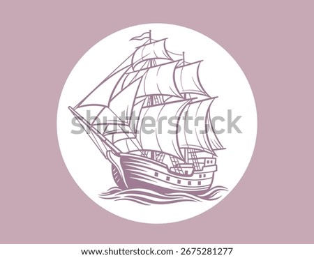 Classic sailing ship vector art. Old vintage boat with sails on ocean waves. Nautical hand-drawn illustration for logo, poster, or branding.