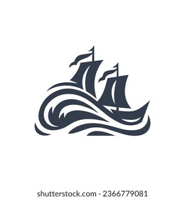 Classic sailing ship wave logo. Vintage wooden sailboat ocean icon. Nautical voyage emblem. Galleon ship mast symbol. Vector illustration.