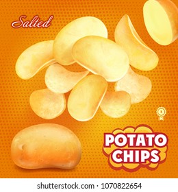 Classic salted potato chips advertising, 3d illustration