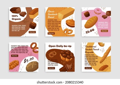 Classic sandwich bread squared landing page template set vector flat illustration. Collection organic baked sweet dessert and delicious fresh food ecommerce retail internet poster. Online bakery shop