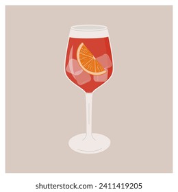 Clásico cóctel Sangria con trozo de naranja en la copa de vino. Bebida tradicional española con frutas y bayas. aperitivo de verano. Bebida alcohólica. Ilustración vectorial aislada en el fondo.