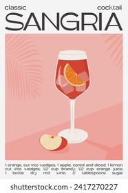 Classic Sangria cocktail with slice of orange and apple. Traditional Spanish drink with fruits and berries. Summer aperitif retro minimal poster. Wall art print with alcoholic beverage. Vector .