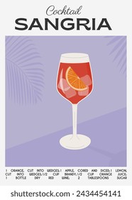 Classic Sangria cocktail with slice of orange. Traditional Spanish drink with fruits and berries. Summer aperitif retro minimal poster. Wall art print with alcoholic beverage. Vector illustration.