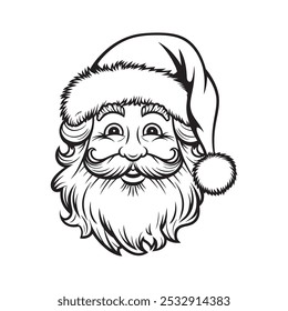 Classic Santa Claus Face Illustration in Black and White Vector Style, Retro Santa Claus Head with Beard and Hat for Christmas Designs