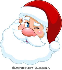 Classic Santa Claus Face Portrait Cartoon Character Winks. Vector Hand Drawn Illustration Isolated On Transparent Background