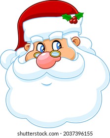 Classic Santa Claus Face Portrait Cartoon Character Smiling. Vector Hand Drawn Illustration Isolated On Transparent Background