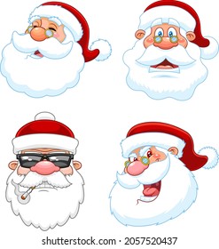 Classic Santa Claus Face Portrait Cartoon Characters. Vector Collection Set Isolated On White Background
