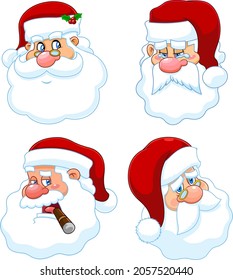 Classic Santa Claus Face Portrait Cartoon Characters. Vector Collection Set Isolated On White Background