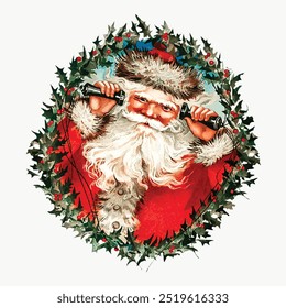 Classic Santa Claus illustration featuring a jolly, bearded man in a red suit, surrounded by festive holly. This vintage Santa embodies holiday cheer, perfect for Christmas designs and decorations.