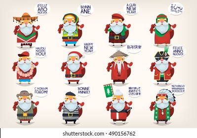 Classic Santa Claus went on vacation around the world greeting people and wishing them happy new year. Isolated Santas for greeting cards in french, spanish, chinese, and english.