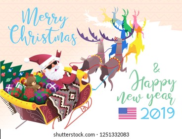 Classic Santa Clause riding sleigh with reindeers, carrying presents for children at Christmas holiday. Vector cartoon greeting card