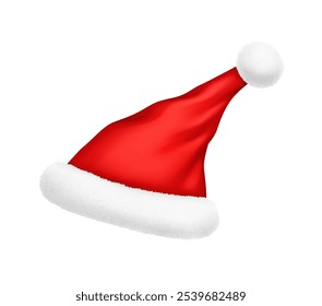 Classic Santa hat with fluffy fur trim and pompom decor realistic vector illustration. Merry Christmas wishing with accessory 3d model on white background