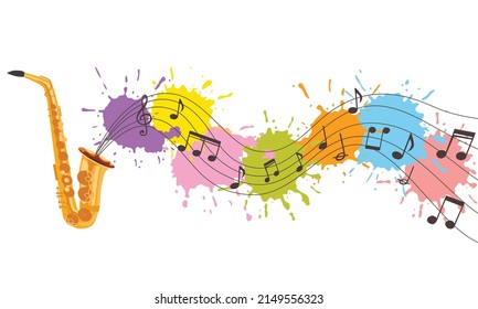 Classic saxophone with colorful paint spots music notes illustration - Vector background