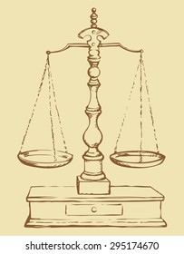 Classic Scale of judge for analysis compare. Vector freehand linear ink drawn sketchy background in art antiquity scribble style pen on paper. View close-up with space for text