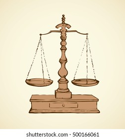 Classic Scale of judge for analysis comparel isolated on white background. Freehand linear ink hand drawn backdrop sketchy in art scribble style pen on paper. View closeup with space for text