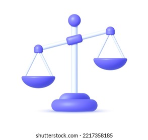 Classic scales of justice 3d, great design for any purposes. 3d object render. Cartoon minimal. Business concept. 3d Vector illustration