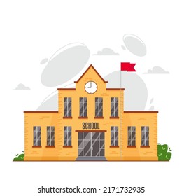 Classic school building front side or facade design. Vector illustration in flat style of school institution with a clock on the front of the yellow brick building with flag pole and waving red flag.