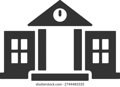 Classic School Building Icon – Flat Vector Illustration of University, College, or High School Architecture with Clock and Pillars