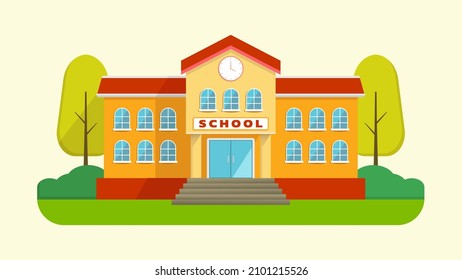 Classic School Building vector Illustration with trees 