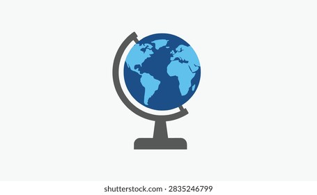 Classic school desk globe showing world map in two shades of blue standing on a dark gray frame and base over white.