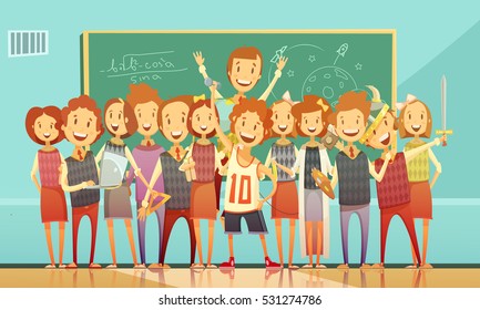 Classic school education classroom retro cartoon poster with standing smiling kids and chalkboard on background vector illustration 