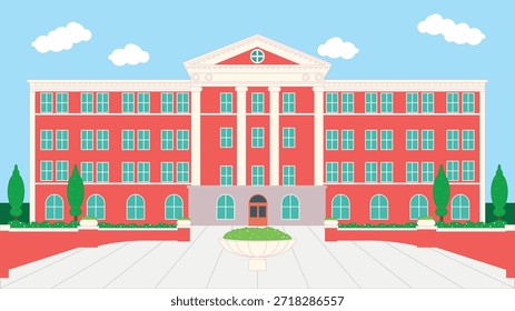Ilustración vectorial plana clásica de edificio escolar o universitario con paredes de ladrillo rojo, columnas blancas y ventanas simétricas. Ideal para proyectos educativos, académicos y de diseño de campus