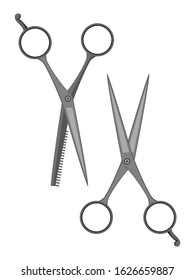 Classic scissors flat set items. Sharp and thinning shears Cartoon barber shop accessories. Professional hairdresser tools kit. Haircut and hairstyling. Vector illustration isolated on white