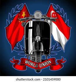 classic scooter black color and asia flag, t-shirt design, biker, motorcycle club, patch, naked bike, cool helmet, arai, shoei, ls2, agv, shovelhead engine, panhead, knucklehead, vespa, labretta