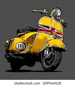 classic scooter and british flag, t-shirt design, biker, motorcycle club, patch, naked bike, cool helmet, arai, shoei, ls2, agv, vespa, lambretta, Motorradfahrer, motorrijder, motard
