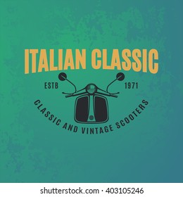 Classic scooter emblem on blue grunge background. Urban, street scooter illustration and graphics.