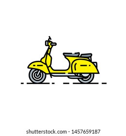 Classic scooter line icon. Retro motorcycle symbol. Ladies yellow vintage scooter sign. Vector illustration.