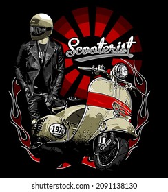 Classic Scooter Rider On Flame Background, Naked Bike Rider, Scooterist, Cool Helmet, Arai, Vector Templet , Vespa, Lambretta, T-shirt Design, Rollerfahrer, Motorradfahrer, Motorrijder, Motard