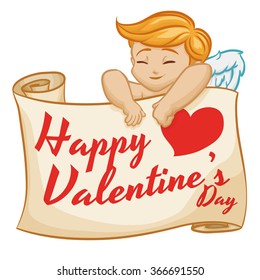 A classic scroll with love greeting message with a cute happy Cupid.