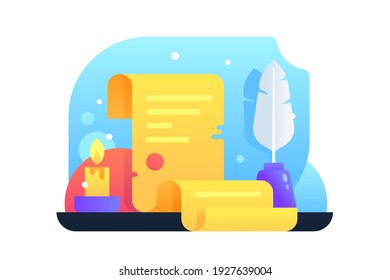 Classic scroll with red seal near feather and candle. Concept icon of old paper document using ink with inkstand for report and message. Vector illustration.