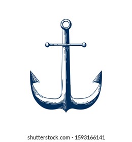 Classic sea anchor vector illustration. Nautical vessel mooring device, Traditional ship accessory isolated on white background. Traditional sailor tattoo monochrome design. Yacht club logotype idea.