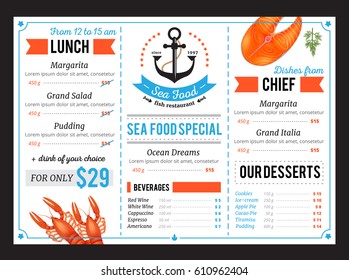 Classic sea food restaurant menu template with special chef dishes and daily budget lunch offer vector illustration 